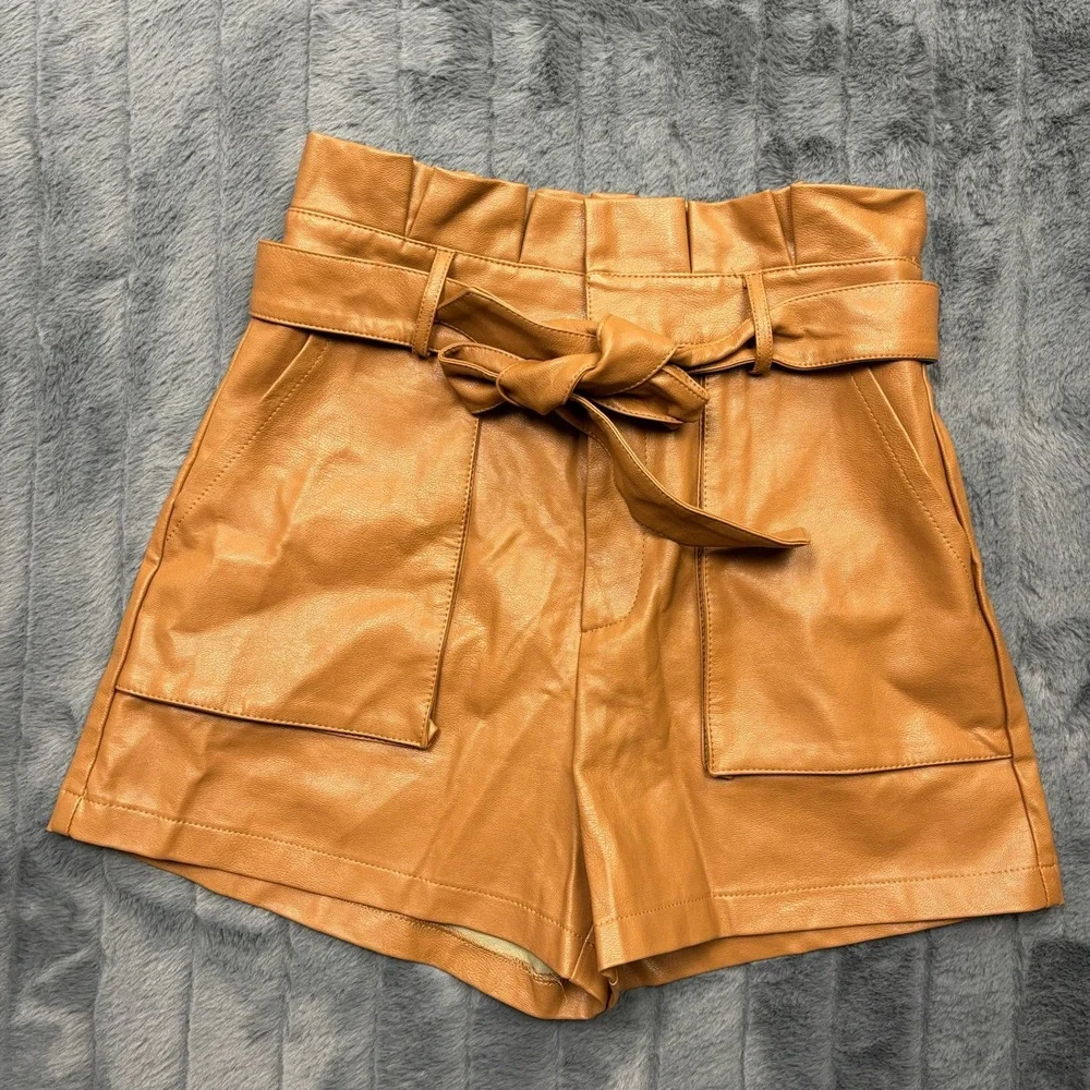 Le Lis Collection Brown Faux Leather Paperbag Waist Shorts MP3247 Small NWT